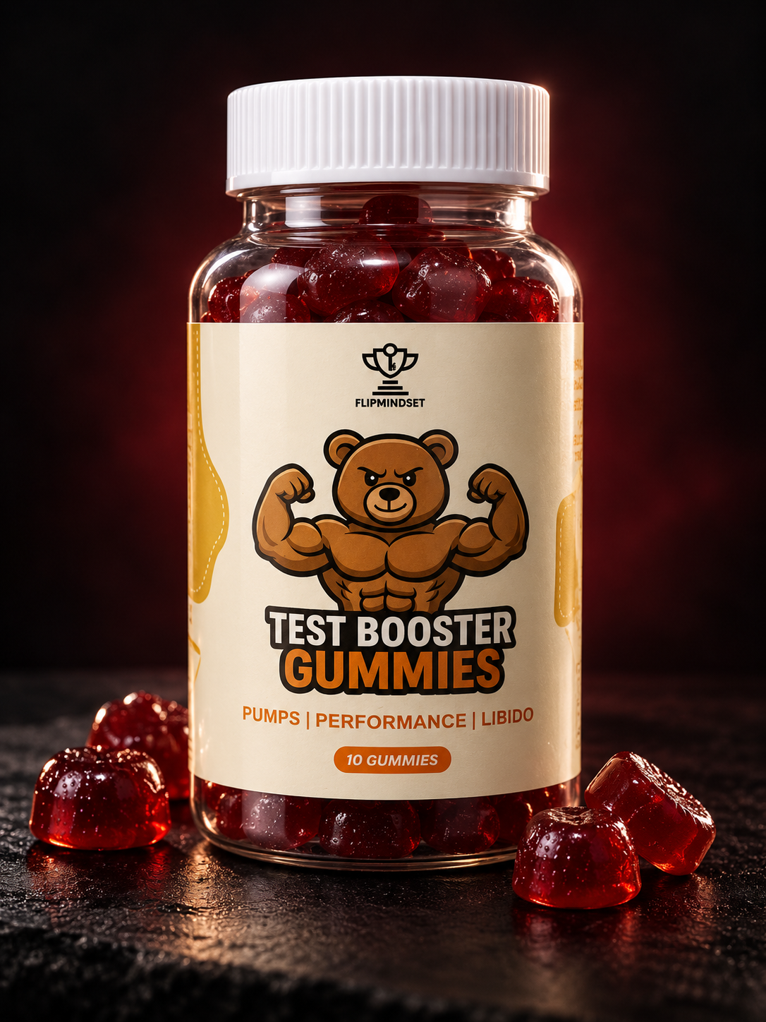 Flipmindset Test Booster Gummies bottle with berry-red gummies